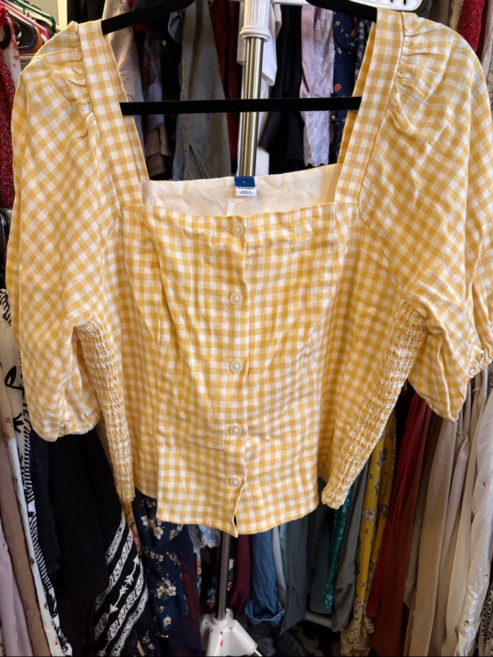 Old Navy Yellow Gingham Square-Neck Button Front Blouse